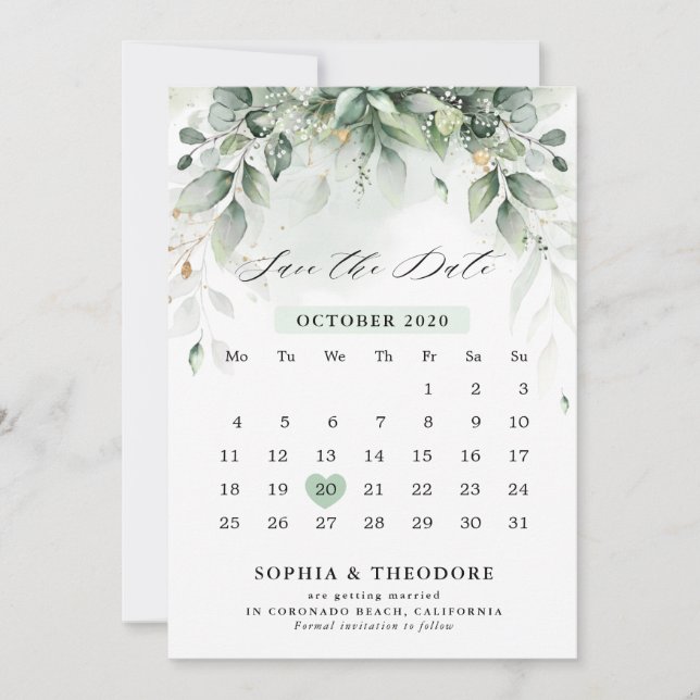 Reserve A Data Eucalyptus Greenery Goma Botânica Calendário (Frente)