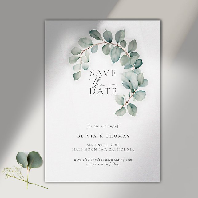 Reserve A Data Eucalyptus Greenery Modern Wreath Elegante Casamen (modern simple wedding save the date typography calligraphy eucalyptus whimsical wreath)