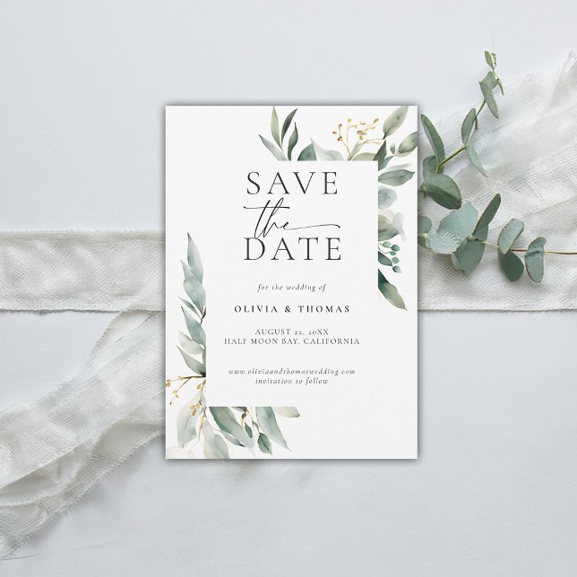 Reserve A Data Eucalyptus Greenery Moderno Casamento Chic Elegant (modern simple wedding save the date typography calligraphy eucalyptus greenery clean frame)
