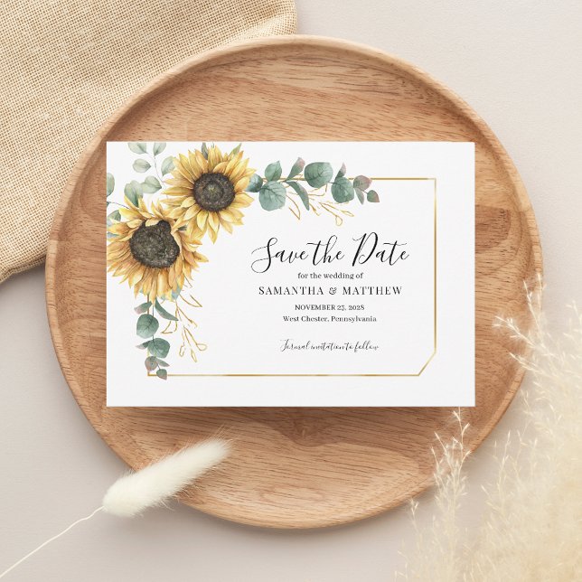 Reserve A Data Eucalyptus Sunflower Geométrico Moderno (Sunflower Floral Eucalyptus Wedding Save the Date Morgana Script)