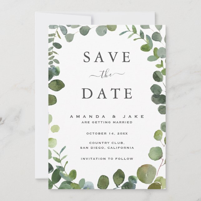 Reserve A Data Eucalyptus Wedding Flat Save The Date Card (Frente)