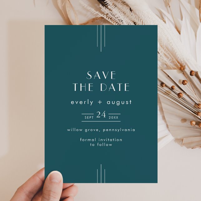 Reserve A Data EVERLY Arte Deco Simples Retrô Pavão Casamento Azu (EVERLY Simple Retro Art Deco Peacock Teal Wedding Save The Date)