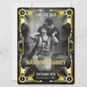 Reserve A Data Excelente Gatsby Art Deco Casamento Dourado e Pret