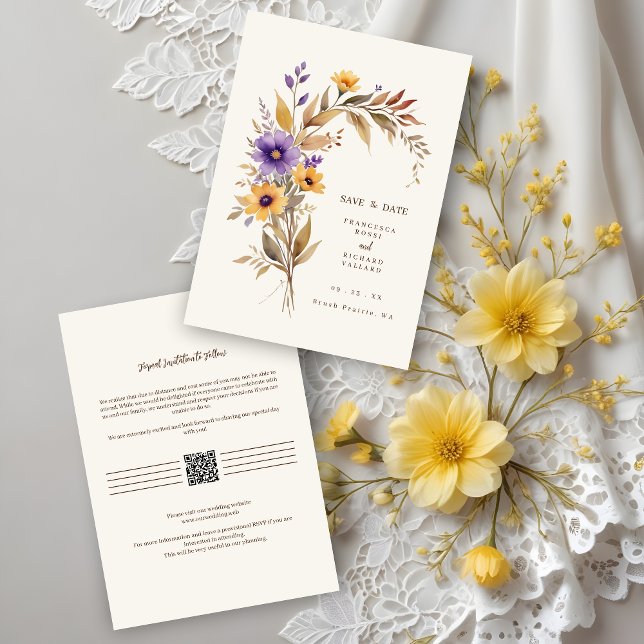 Reserve A Data Exquisite Cherish Purple & Yellow Floral Bouquet (Exquisite Cherish Purple & Yellow Floral Bouquet Wedding Save de Dates Cards with QR Code.)