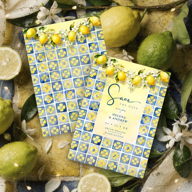 Reserve A Data Exquisite Mediterranean Tiles Floral & Lemons  (Exquisite Mediterranean Tiles and Floral & Lemons Garland Wedding Save the date Cards.)