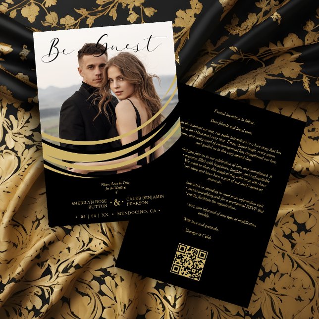 Reserve A Data Exquisite Modern Faux Golden Abstract Photo (Exquisite Faux Golden Abstract Geometric Shape Photo Wedding Save the Date Card with Envelope.)