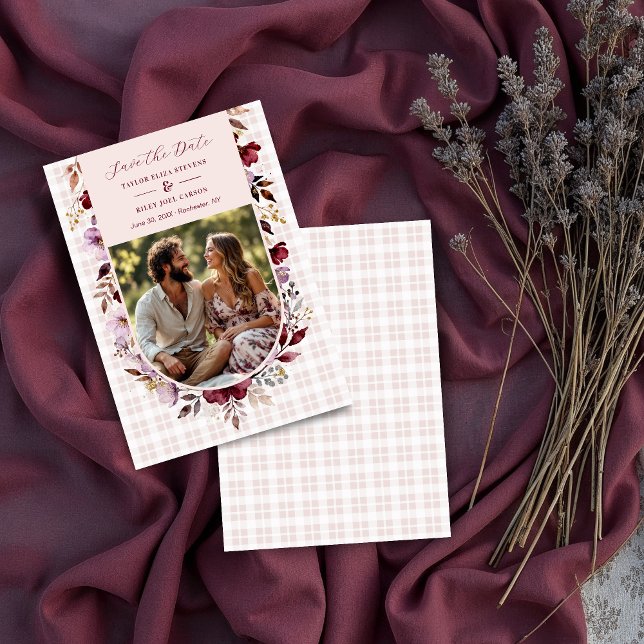 Reserve A Data Exquisite Spring Burgundy Floral Arch Wedding (Exquisite Romantic Burgundy Floral Arch Wedding Save the Date Design with Pastel Tartan Back. )