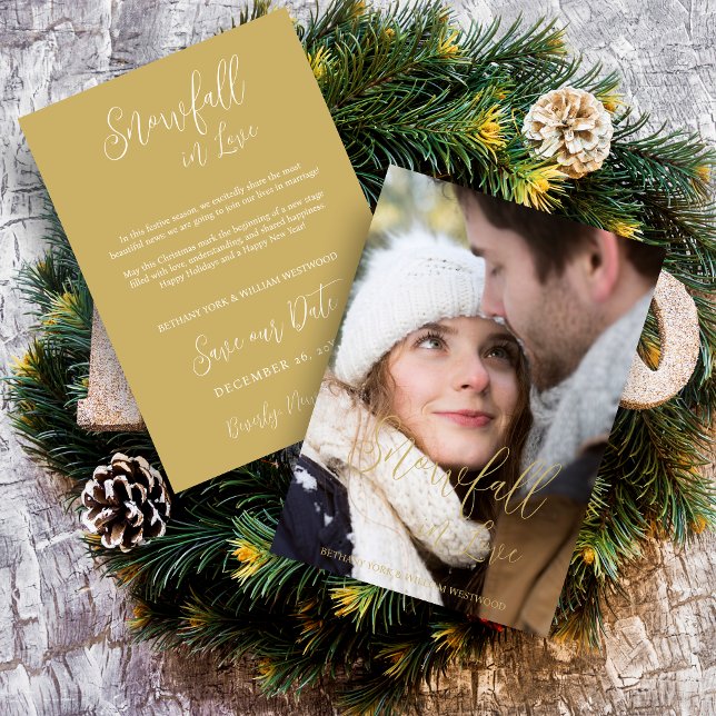 Reserve A Data Exquisite Winter Wedding Christmas Photo (Exquisite Winter Wedding Christmas Photo in Fake Gold Holiday Card as a Save the Date Card.)