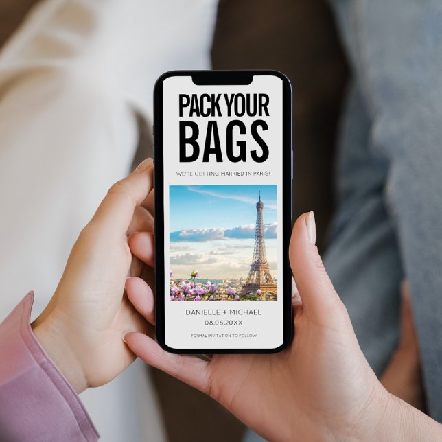 Reserve A Data Faça o casamento de destino das suas Bolsas (Pack Your Bags Destination Wedding Save The Date)