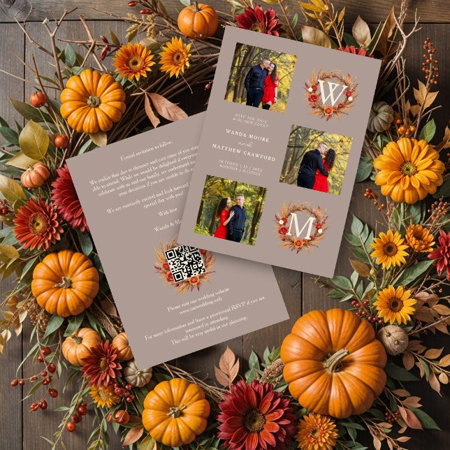 Reserve A Data Fall Brown Gold Exquisite Modern 3 Wedding Photos (Brown Gold Exquisite Modern Fall Wreath 3 Photos Wedding Engagement Collage Save the Dates Cards.)