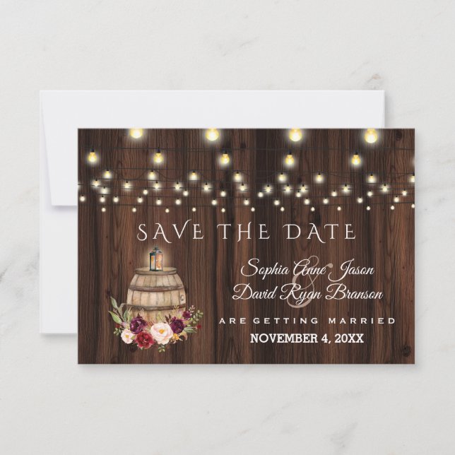 Reserve A Data Fall Burgundy Wine Barrel Floral Save Date (Frente)