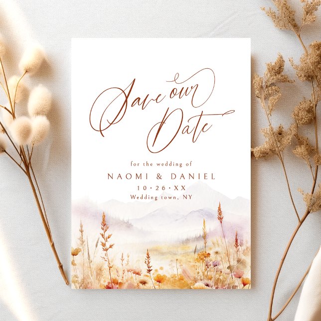 Reserve A Data Fall Watercolor Wildflower Mountain Rustic Wedding (Fall Watercolor Wildflower Mountain Rustic Wedding Save The Date)