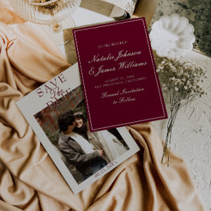 Reserve A Data Fancy Burgundy Creme Antigo Dinheiro Foto Casament
