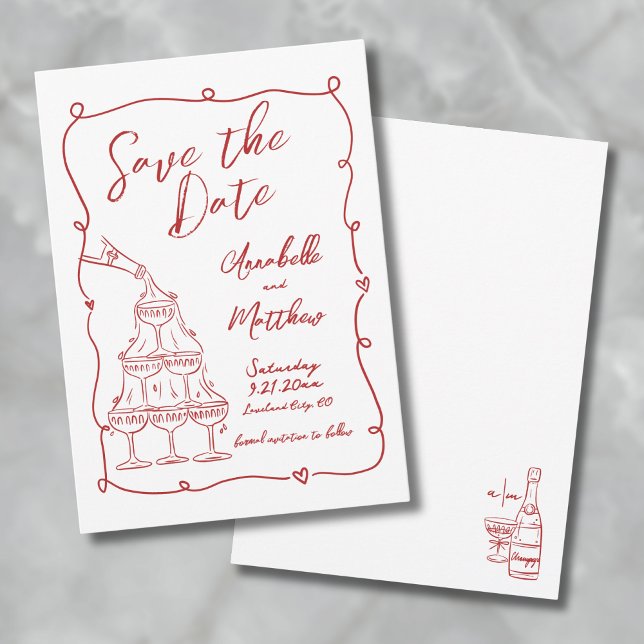 Reserve A Data Fantasia Desenho à Mão Vermelho Salve a Data do Ca (Whimsical Hand Drawn Red Wedding Save The Date)