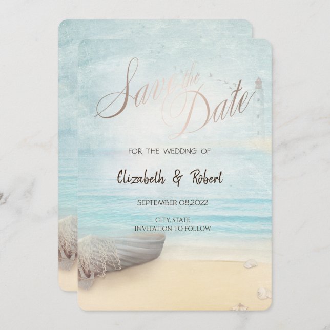 Reserve A Data Farol de Barco de Praia Salve A Data (Frente/Verso)