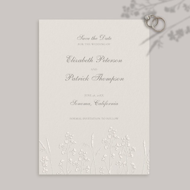 Reserve A Data Faux Embossed Wildflower Ecru Casamento Formal (formal traditional wedding save the date faux embossed wildflowers elegant modern classic ecru)