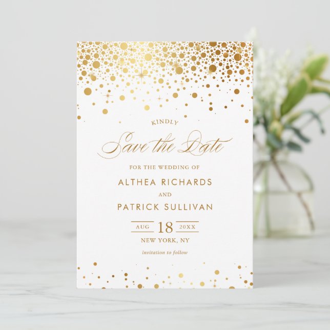 Reserve A Data Faux Gold Foil Confetti Dots Casamento (Em pé/Frente)