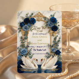 Reserve A Data Faux Gold Foil & Marble Swans Royal Blue Floral
