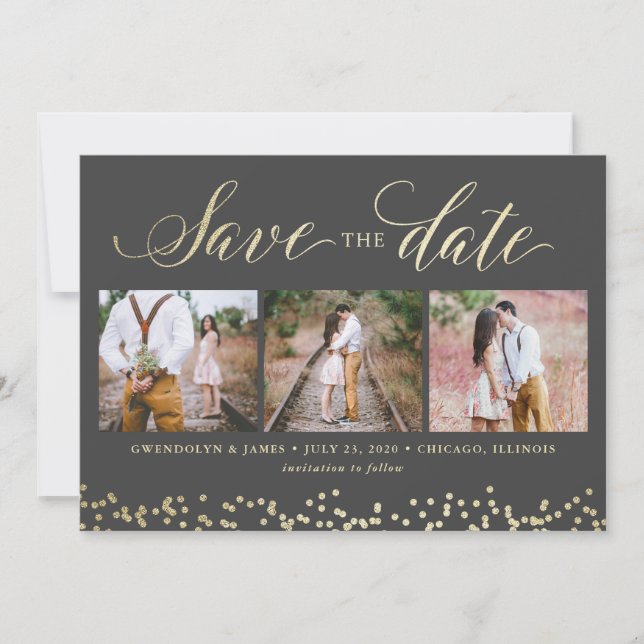 Reserve A Data Faux Sparkle 3 Photo Save the Date Card (Frente)