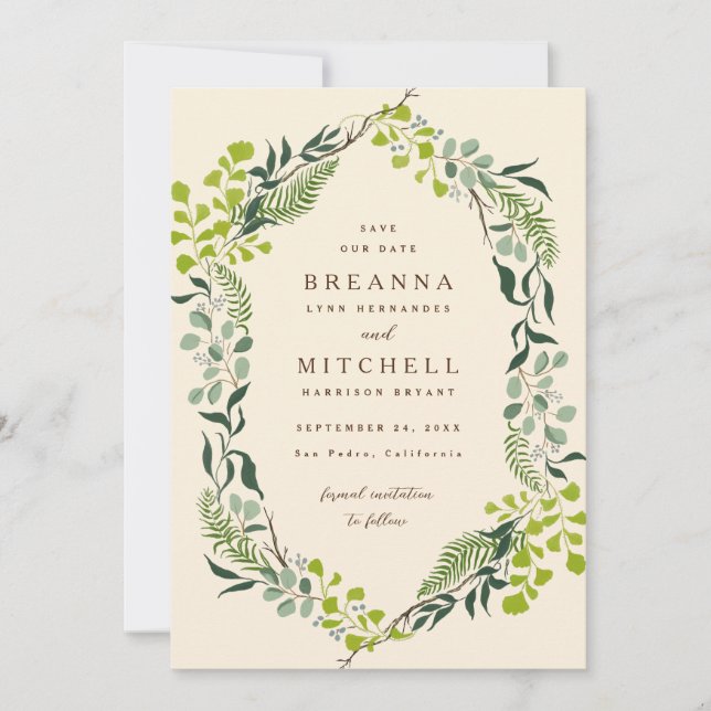 Reserve A Data Fern Eucalyptus Creme De Casamento Verde Desenhado (Frente)