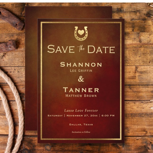 Reserve A Data Ferradura russa ocidental Burgundy e casamento Dou (Western Rustic Horseshoe Burgundy & Gold Wedding Save The Date)