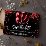 Reserve A Data Festa de aniversário confetti de balões vermelhos<br><div class="desc">Uma moda e moda Salve a data para uma festa de aniversário 18 (ou qualquer idade). Um fundo preto decorado com confete vermelho e balões. Personalize e adicione uma data e nome/idade. O texto: Salvar a Data é gravado com um script de estilo com letra de tendência grande.</div>
