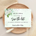 Reserve A Data Festa de aniversário verde-verde-verde-branco-eleg<br><div class="desc">Uma cinta e moda Salve a placa Date para uma festa de aniversário 40th (ou qualquer idade). Um fundo branco na moda e verde, de cor aquosa, decorado com farelos cintiladores prateados, florais brancos e verde. Personalize e adicione uma data e nome/idade 40. Letras pretas coloridas. O texto: Salvar a...</div>