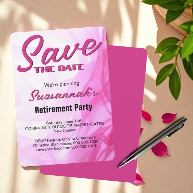 Reserve A Data Festa de Aposentadoria Salve a Data Rosa Abstrato (template save the date front and back)