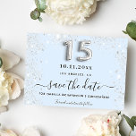 Reserve A Data Festa de luz azul-prata da Quinceanera<br><div class="desc">Uma garota e uma moda Salvem a data para uma Quinceañera, 15 festa de aniversário. Fundo azul abade decorado com poeira falsa. Personalize e adicione uma data e nome/idade. O texto: Salvar a Data é gravado com um script de estilo com letra de tendência grande. Número 15 com uma fonte...</div>