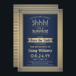 Reserve A Data Festa de Reforma Surpresa! Marinho Azul e Dourado<br><div class="desc">Você pode guardar um segredo? Convide colegas, colegas de trabalho, família e amigos para uma elegante e excitante celebração de aposentadoria surpresa com marinho azul e folha de ouro falso, para salvar os convites de festas de data. Toda a redação desta modelo é simples de personalizar, incluindo a mensagem que...</div>