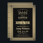 Reserve A Data Festa de Reforma Surpresa! Preto Elegante Dourado<br><div class="desc">Você pode guardar um segredo? Convide colegas, colegas de trabalho, família e amigos para uma elegante e excitante celebração surpresa de aposentadoria com papel preto e folha de ouro personalizado para salvar os convites de festas de data. Toda a redação desta modelo é simples de personalizar, incluindo a mensagem que...</div>