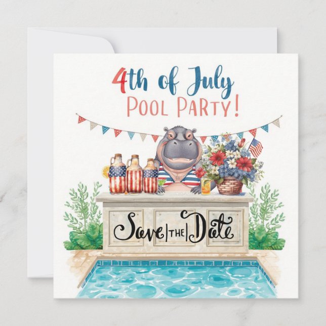 Reserve A Data Festa na Piscina de 4 de Julho com Hipopótamo (Frente)