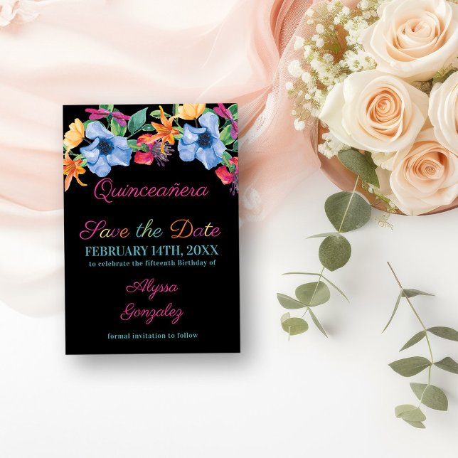 Reserve A Data Fiesta Flowers Black Floral Quinceanera (Save the Date Invitation from my Fiesta Flowers Quinceanera Collection)