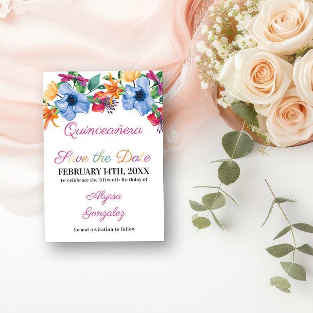 Reserve A Data Fiesta Flowers Quinceanera Branca e Floral (Save the Date Invitation from my Fiesta Flowers Quinceanera Collection)