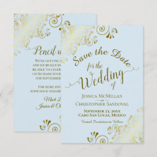 Reserve A Data Filigre Dourado Elegante no Casamento Azul em Pó