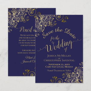 Reserve A Data Filigre Dourado Elegante no Casamento Azul Marinho
