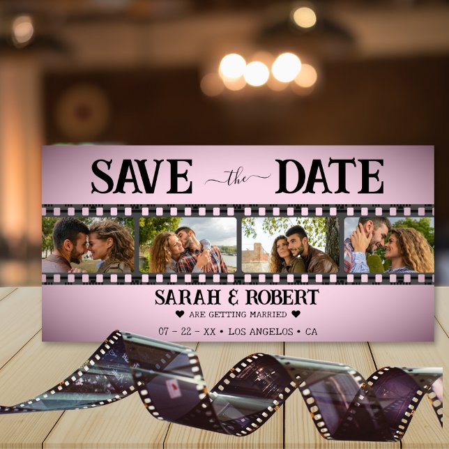 Reserve A Data Fita De Fotocolagem De Vinheta Rosa Retroativa (Rose Pink Retro Vignette Photo Collage Film Strip Save The Date)