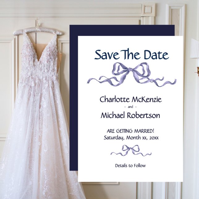 Reserve A Data Fita e Laço Elegantes Casamento Romântico Azul-Mar (Elegant Ribbon Romantic Wedding Save The Date)