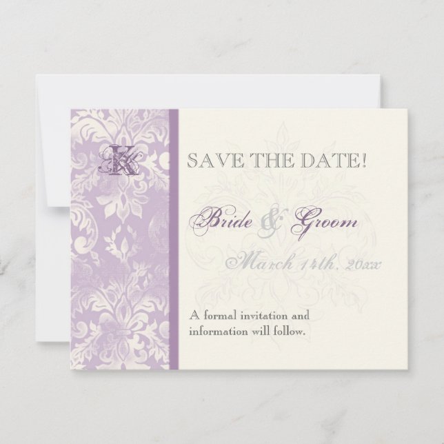 Reserve A Data Fleur di Lys Damask - Lilac Save the Date Card (Frente)