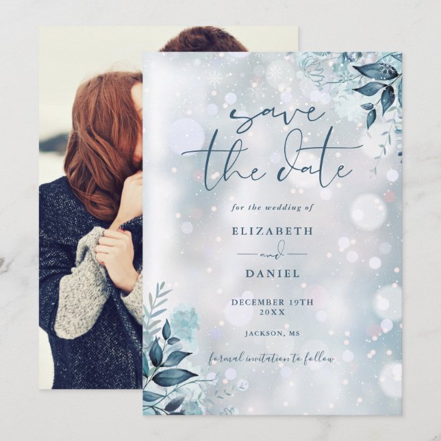 Reserve A Data Flocos de Neve de Inverno Floral Rústico Casamento (Frente/Verso)