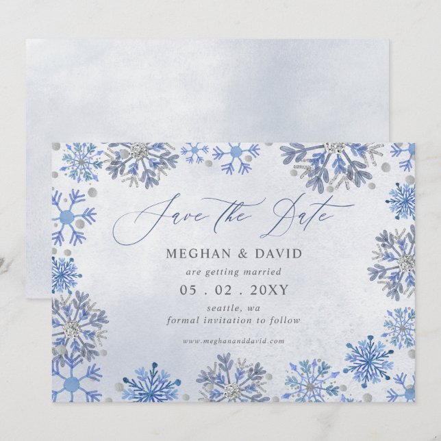 Reserve A Data Flocos de Neve Prata Azul Natal Inverno Casamento (Frente/Verso)