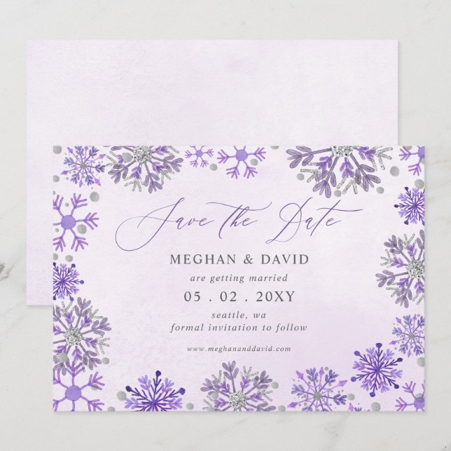 Reserve A Data Flocos de Neve Prata Roxo Natal Inverno Casamento (Frente/Verso)