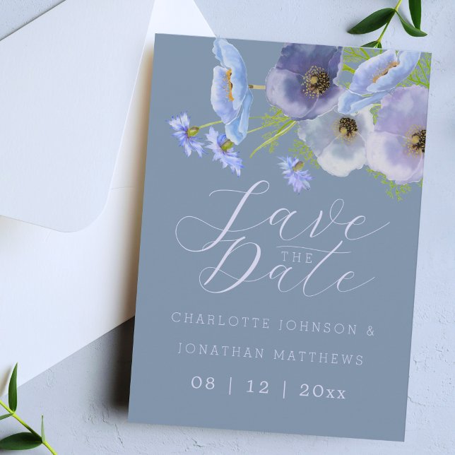 Reserve A Data Flor de Campo Elegante Boho Azul Empoeirado Casame (Modern wildflower boho blue & pink floral wedding save the date invitation)