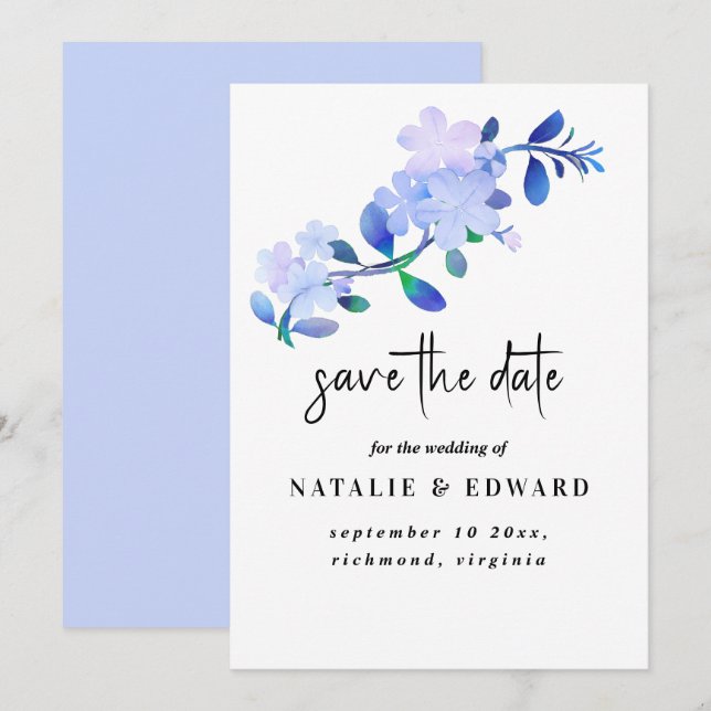 Reserve A Data flor de folhas em estilo aquarela azul empoeirado  (Frente/Verso)