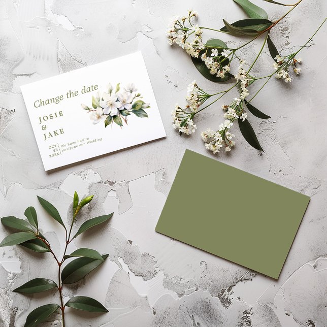 Reserve A Data Flor de maçã branca muda a data (Elegant white card with delicate apple blossom and olive green text on a minimalist background.)