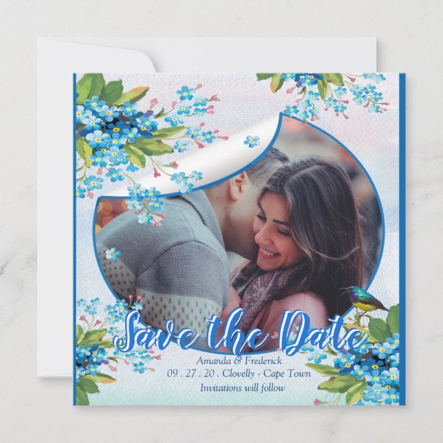 Reserve A Data Flor Não Me Esqueças Azul Save the dates (Frente)
