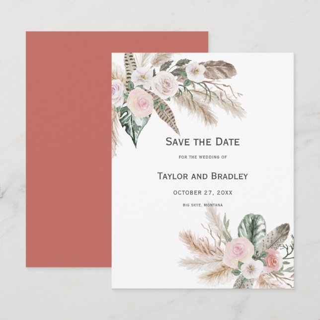 Reserve A Data Flor Tropical Pampas Grama, Penas, Rústico | I (Frente/Verso)