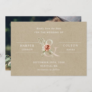 Reserve A Data Floral Ampersand Rustic Kraft Foto de Casamento