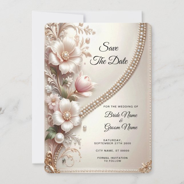 Reserve A Data Floral and Pearl Embellishments Save The Date (Frente)