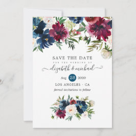 Reserve A Data Floral Aquarela Bordo e Azul Marinho